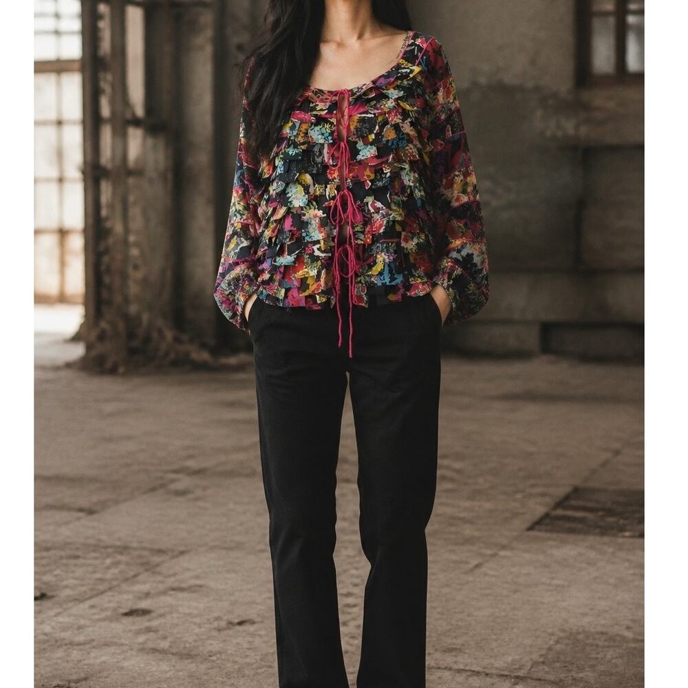 Patchwork Fringe Tie Front Boho Art Wear Floral Blouse Plus Size 3X
